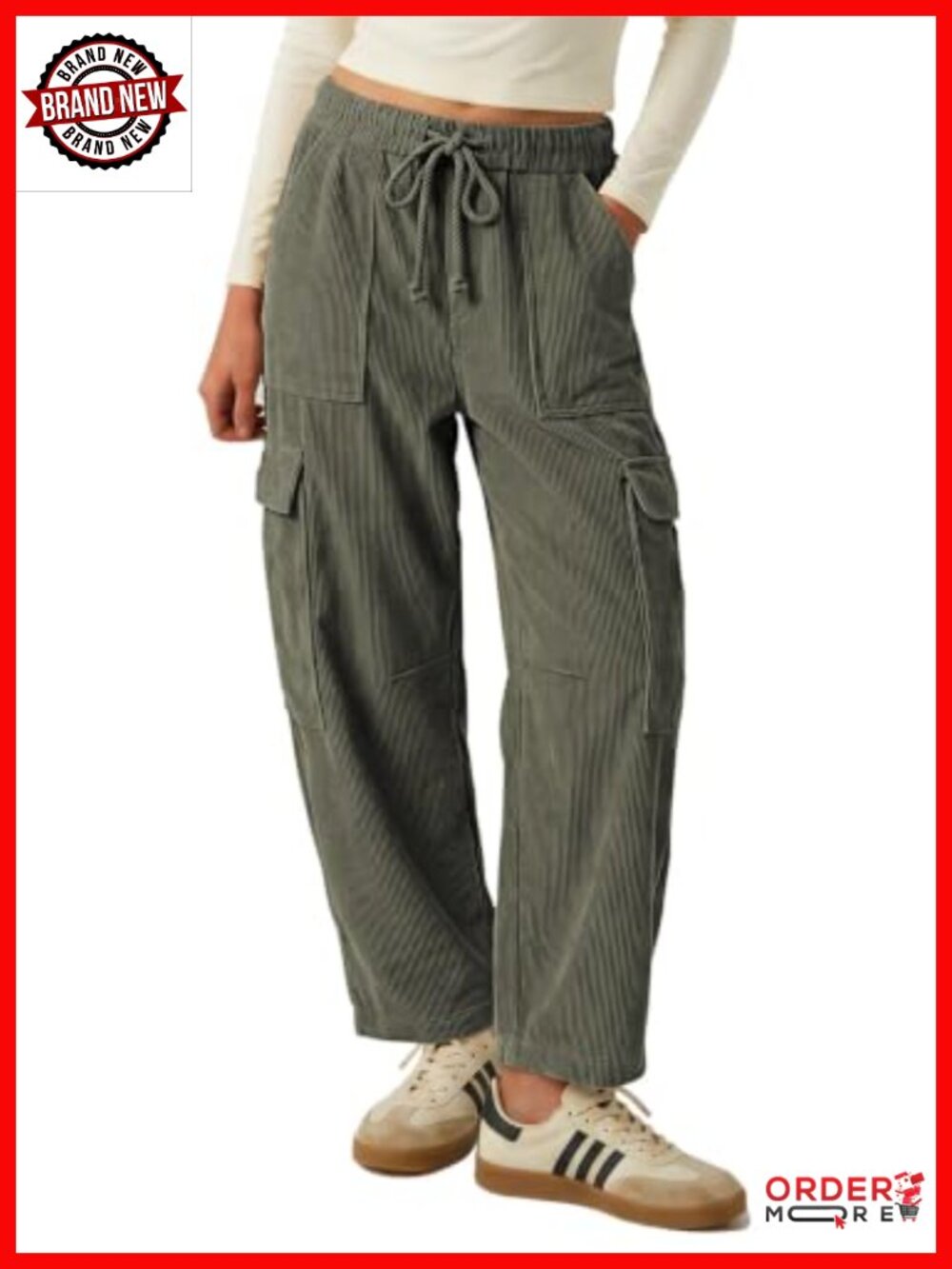 Women's Corduroy Cargo Pants Loose Baggy Wide Leg Barrel Trousers